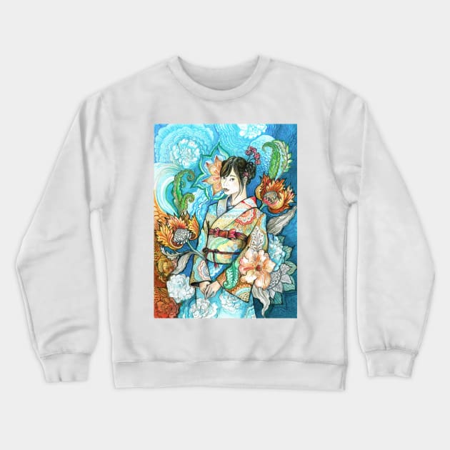 Japanese Girl in a Kimono Crewneck Sweatshirt by FanitsaArt